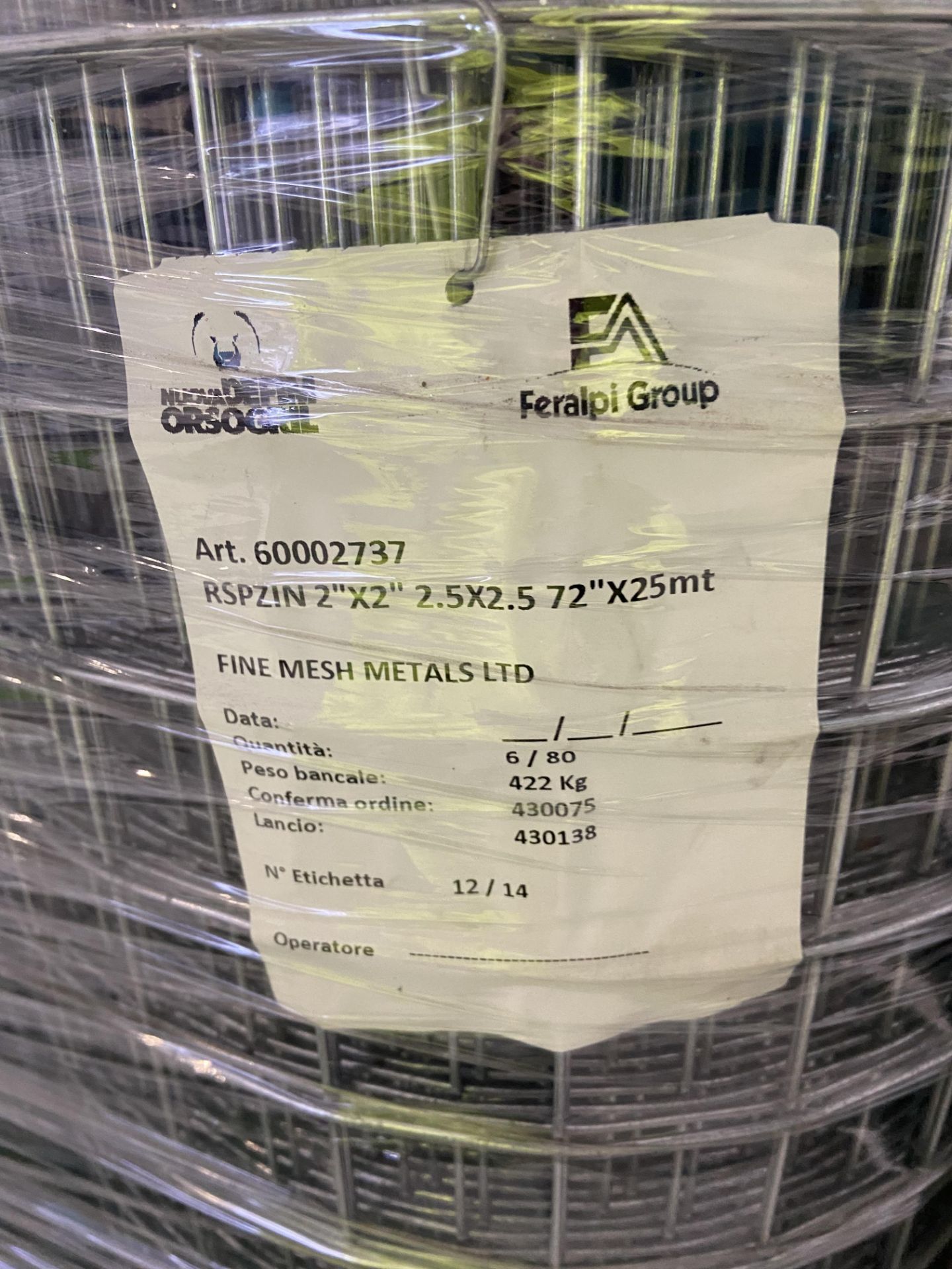 Six Rolls Feralpi Wire Mesh, RSPZIN 2” x 2” 2.5x2.5 72” x25mt Please read the following important - Image 2 of 2