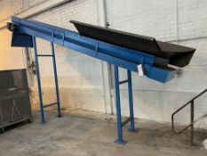 INCLINED FLAT BELT CONVEYOR, approx. 4.8m centres long, with electric motor drive, intake hopper and
