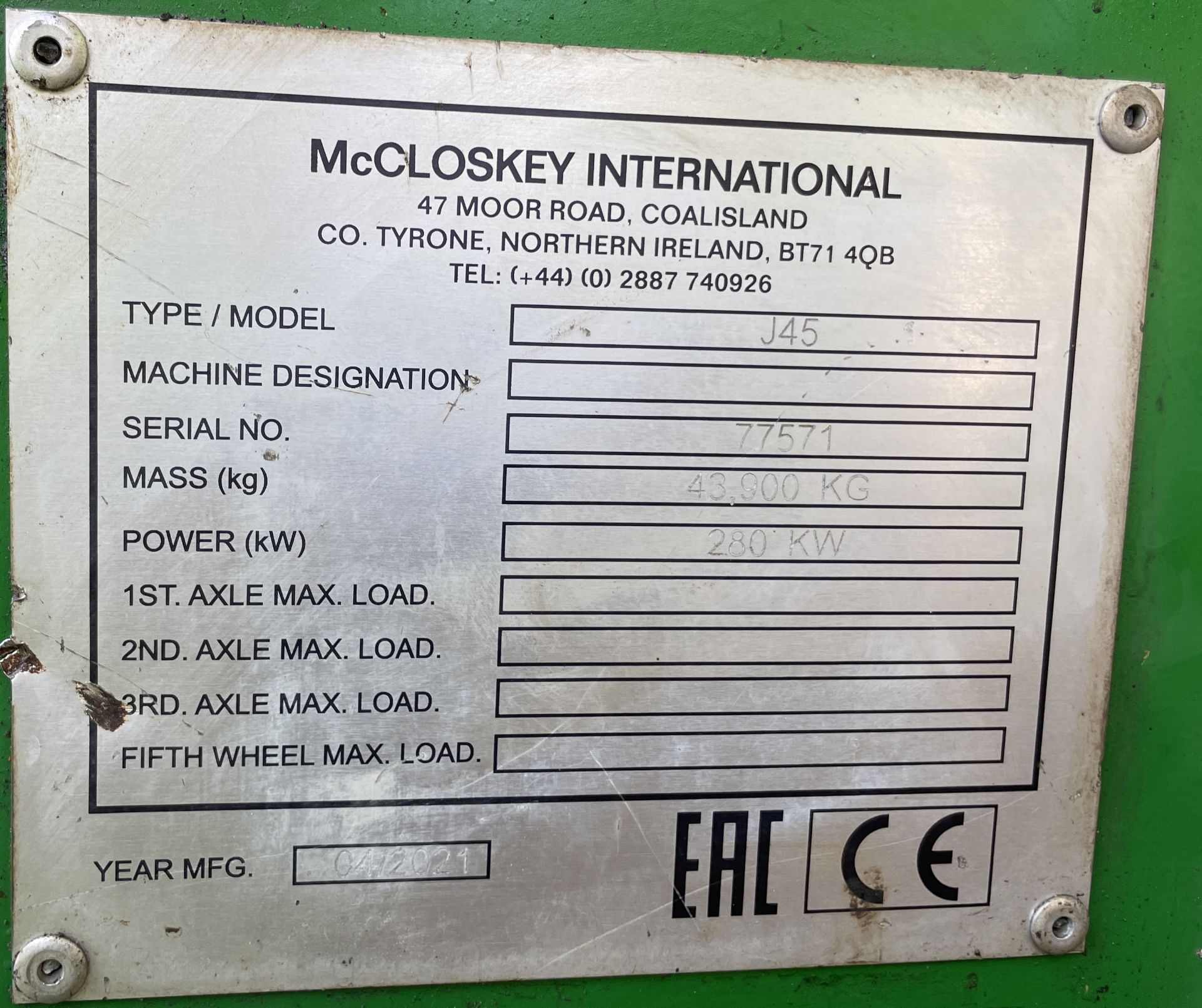 McCloskey J45 TRACK MOUNTED CRUSHER, serial no. 77571, mass kg 43,900kg, power (kW) 280, year - Image 2 of 5