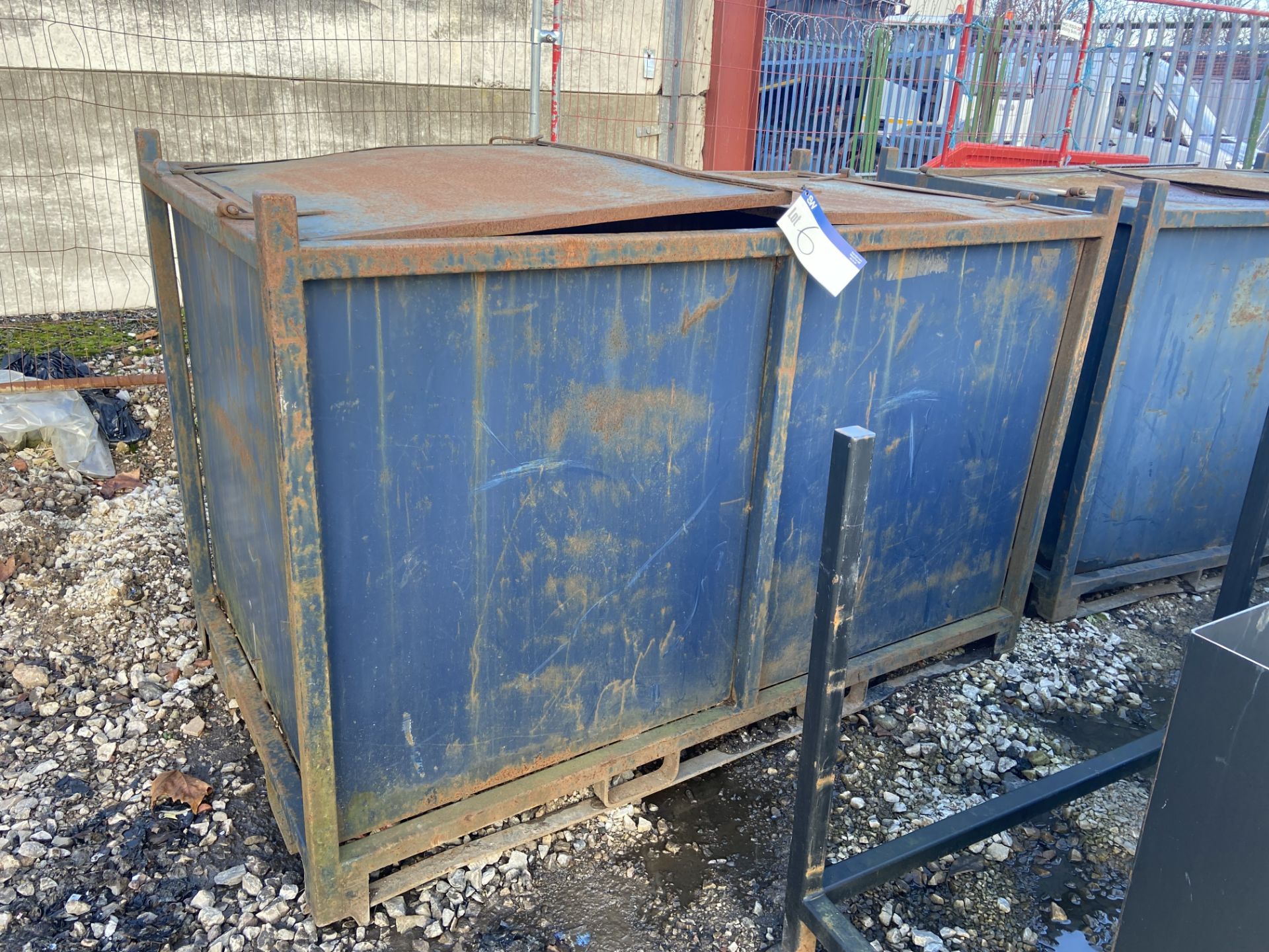 Enclosed Steel Box Pallet, approx. 2.15m x 1.22m x 1.4m high, with fork lifting channels Please read