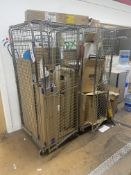 Two Wire Mesh Cage Trolleys, with stock contents including laminated paper, aluminium frames,