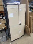 Double Door Steel Cabinet, with contents, including hooks, wire rope, suction cups and assorted