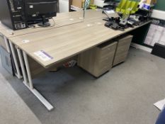 Two Oak Laminated Cantilever Framed Desks, with two desk pedestals Please read the following