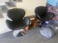 Two Leather Effect Upholstered Reception Swivel Chairs, with timber occasional table Please read the