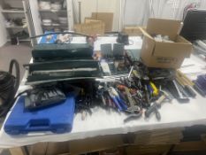 Assorted Hand Tools, including crimps, screwdrivers, hammers, drill bits and tool boxes Please