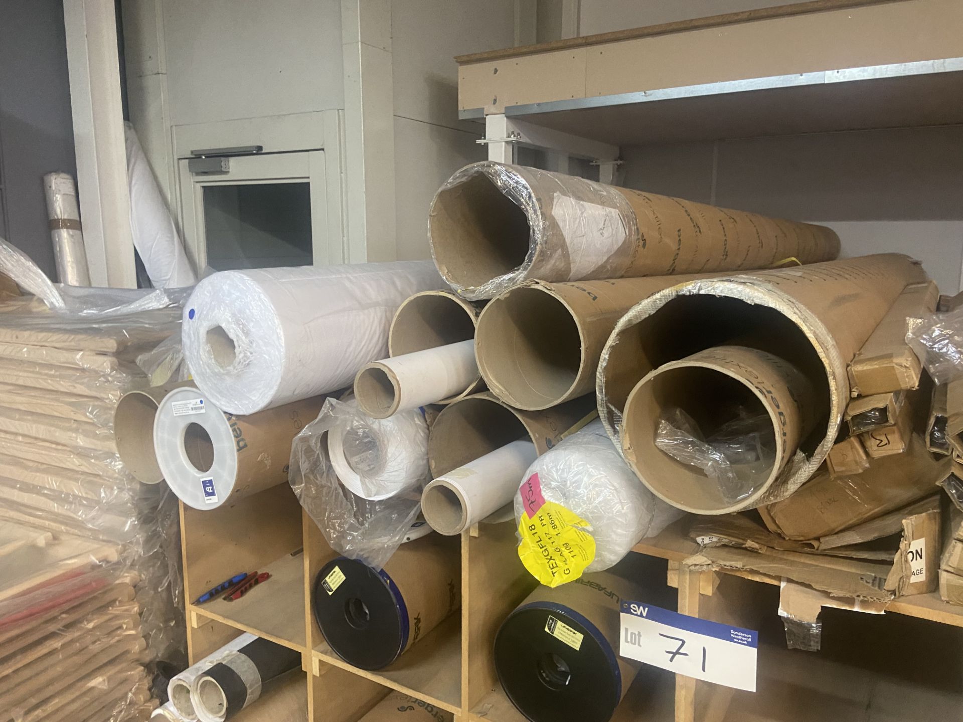 Multi-Compartment Timber Stock Rack, with 26 rolls/ part rolls of fabric and paper, as set out, - Image 2 of 2