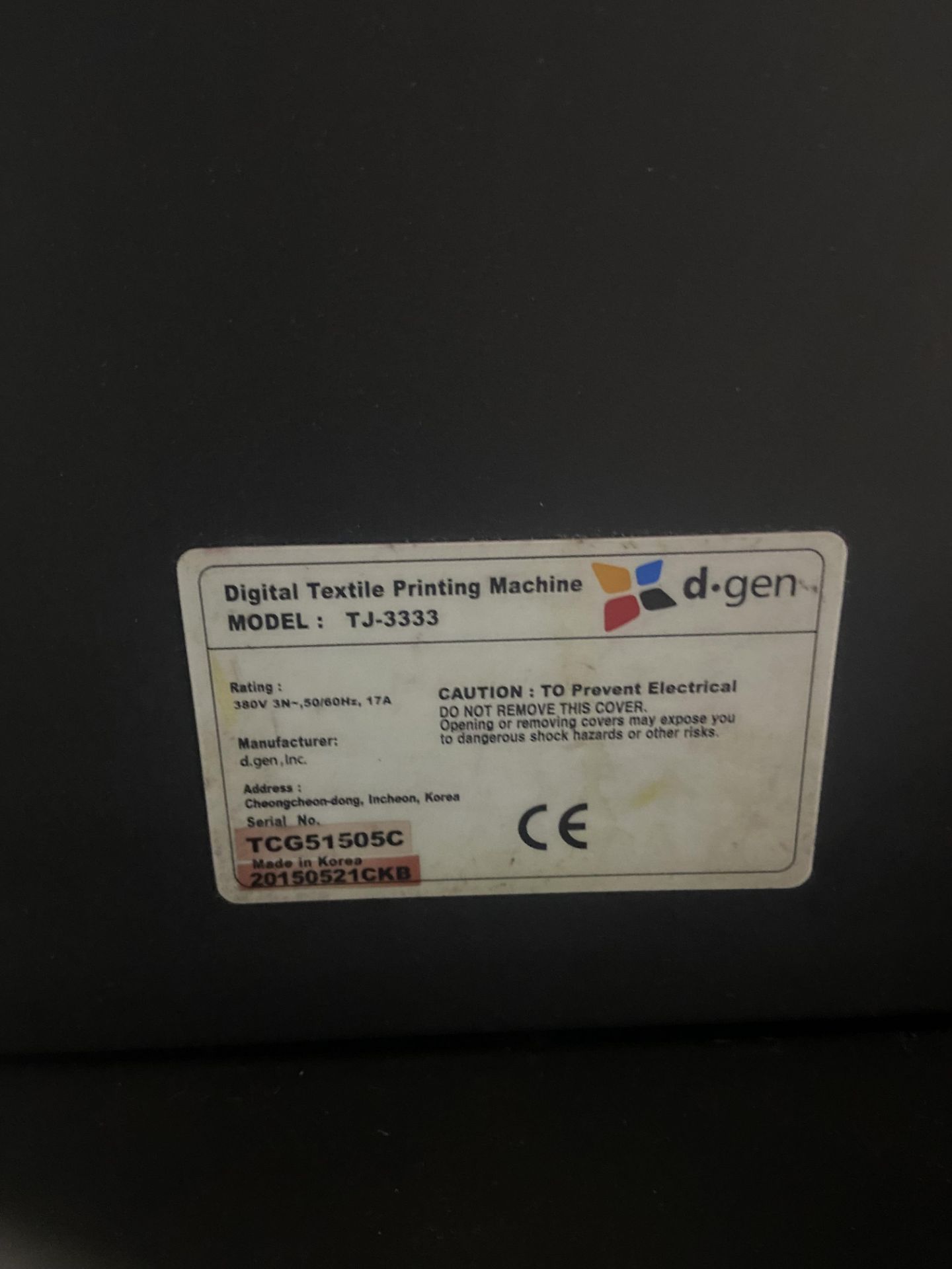 D.Gen TJ-3333 Teleios Grande G5 DIGITAL TEXTILE/ FABRIC PRINTING MACHINE, serial no. TCG51505C, - Image 7 of 12