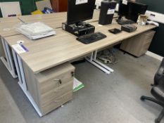 Two Oak Laminated Cantilever Framed Desks, with two desk pedestals Please read the following