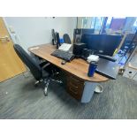 Circular Oak Laminated Desk, with two fabric upholstered swivel chairs Please read the following