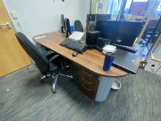 Circular Oak Laminated Desk, with two fabric upholstered swivel chairs Please read the following