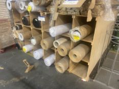 Multi-Compartment Timber Stock Rack, with 26 rolls/ part rolls of fabric and paper, as set out,
