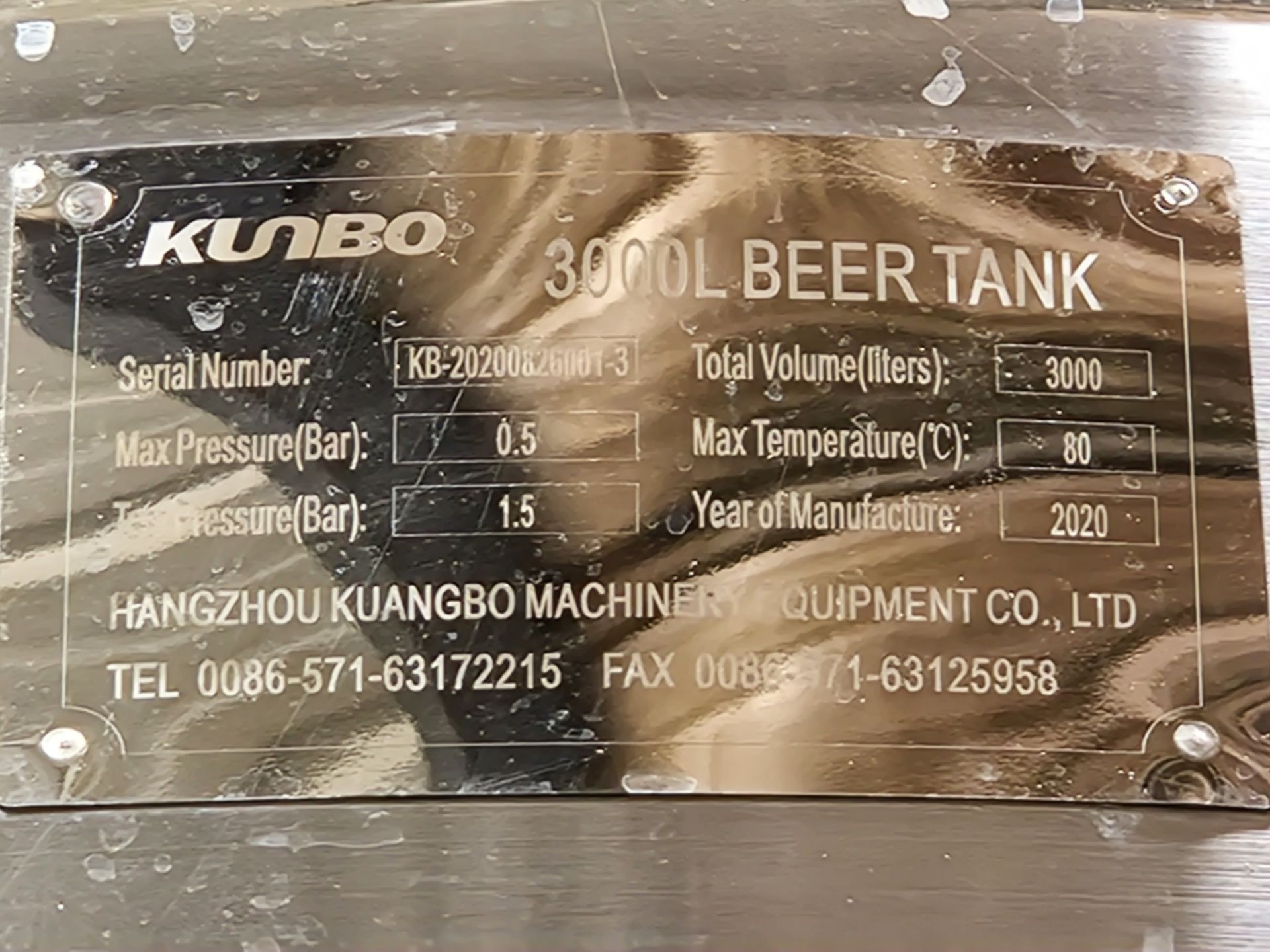 Willis/ Hangzhou Kuangbo 3000L Double Jacketed Insulated Stainless Steel Beer Tank/Fermenter, serial - Image 5 of 5