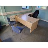 Light Oak Veneered Curved Desks, Side Table, Three Drawer Pedestals, One Office Swivel Chair and Two