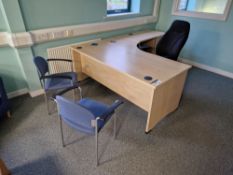 Light Oak Veneered Curved Desks, Side Table, Three Drawer Pedestals, One Office Swivel Chair and Two