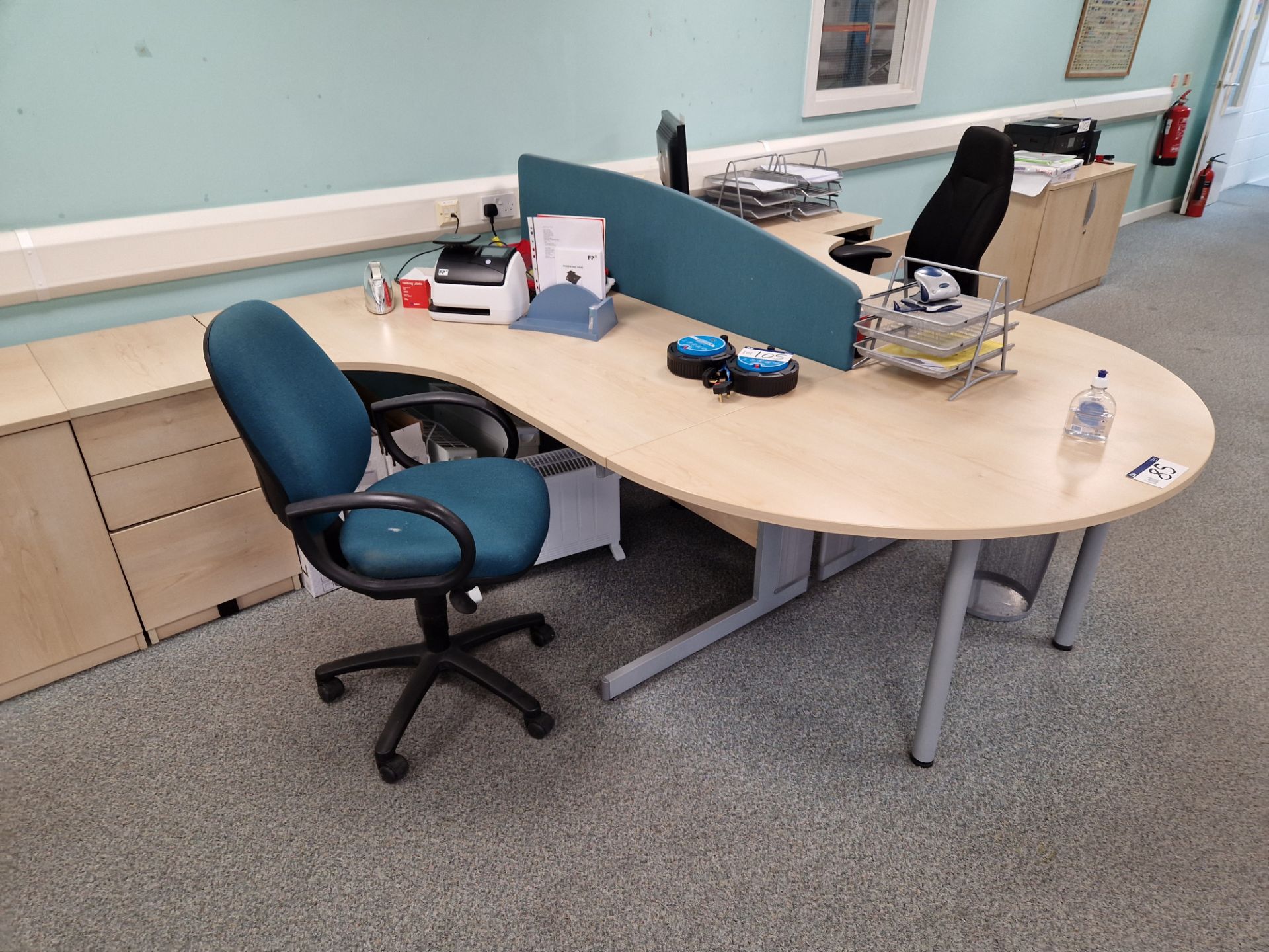 Two Light Oak Veneered Curved Desks, Curved End Table, Two 3 Drawer Pedestals, Fabric Divider and - Image 2 of 3