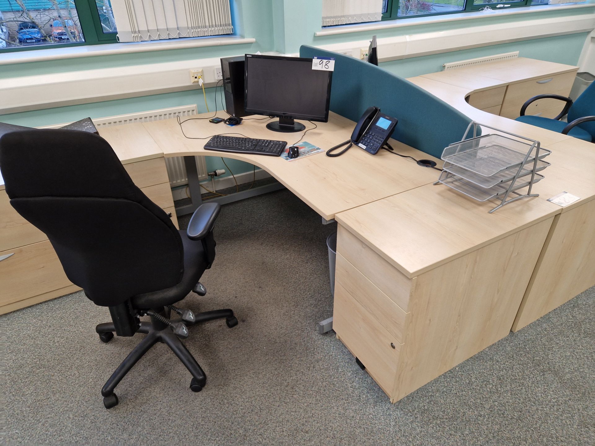 Two Light Oak Veneered Curved Desks, Four 3 Drawer Pedestals, Fabric Divider and Two Office Swivel - Image 3 of 3