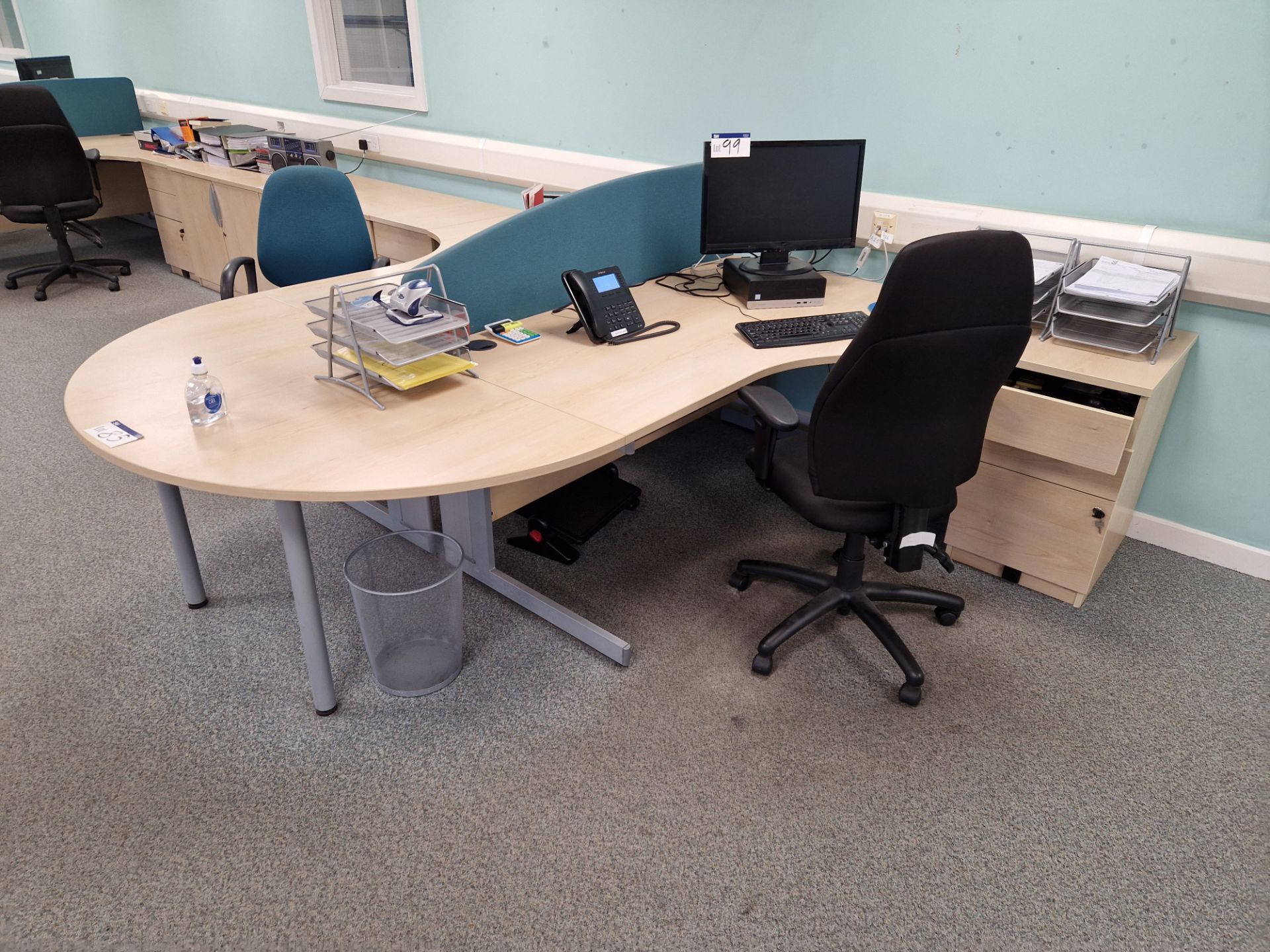 Two Light Oak Veneered Curved Desks, Curved End Table, Two 3 Drawer Pedestals, Fabric Divider and - Image 3 of 3