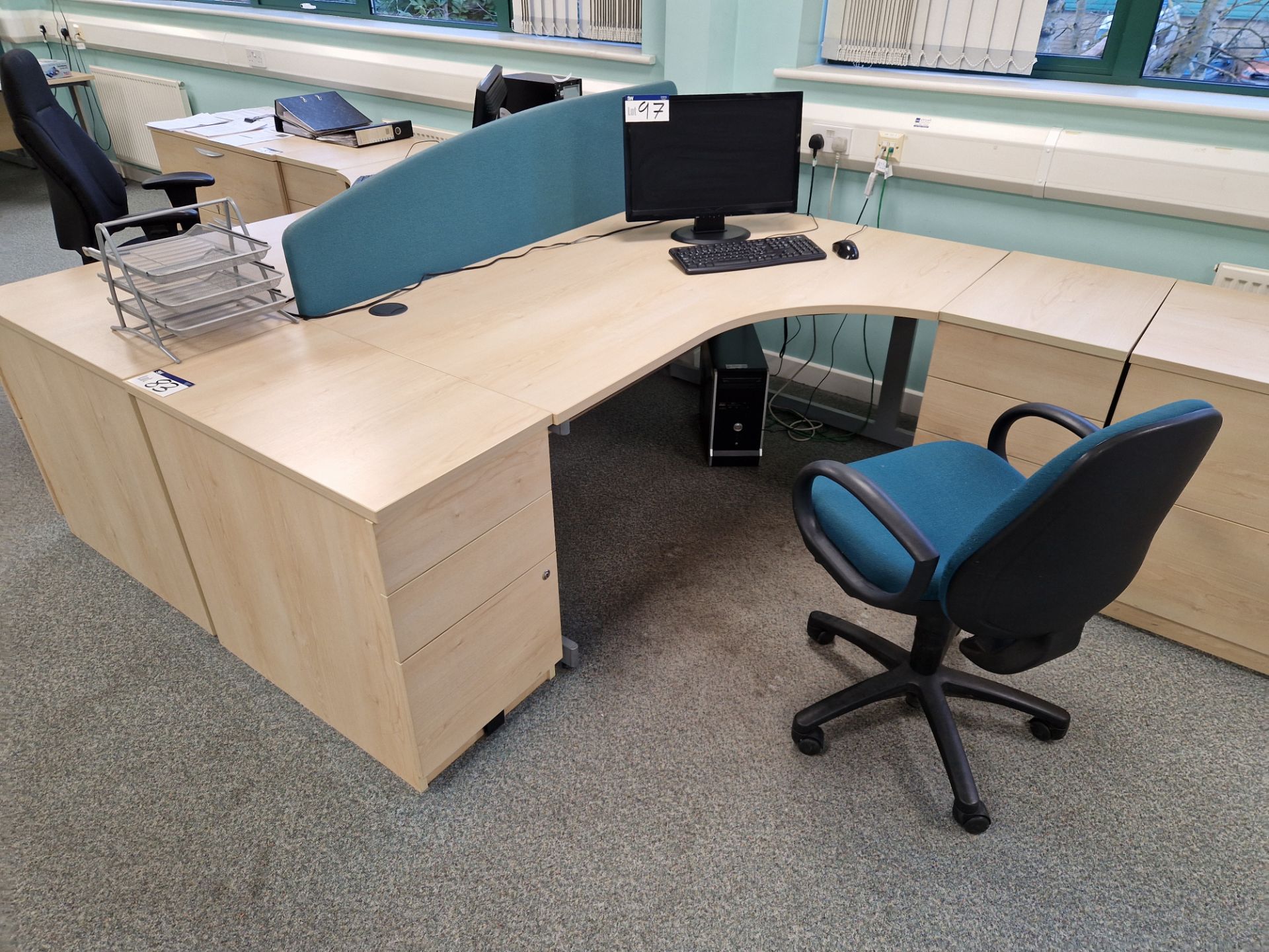 Two Light Oak Veneered Curved Desks, Four 3 Drawer Pedestals, Fabric Divider and Two Office Swivel - Image 2 of 3