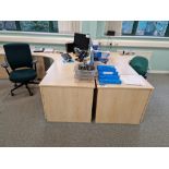 Two Light Oak Veneered Curved Desks, Four 3 Drawer Pedestals, Fabric Divider and One Office Swivel