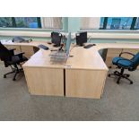 Two Light Oak Veneered Curved Desks, Four 3 Drawer Pedestals, Fabric Divider and Two Office Swivel