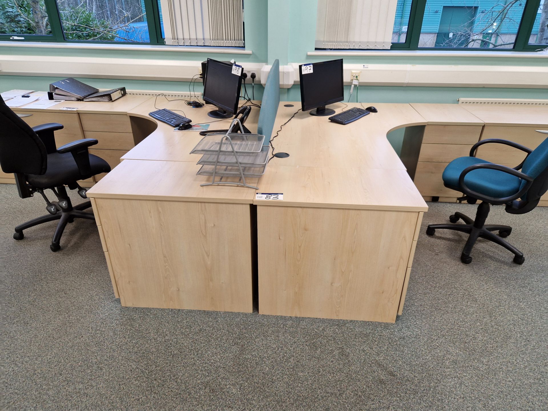 Two Light Oak Veneered Curved Desks, Four 3 Drawer Pedestals, Fabric Divider and Two Office Swivel