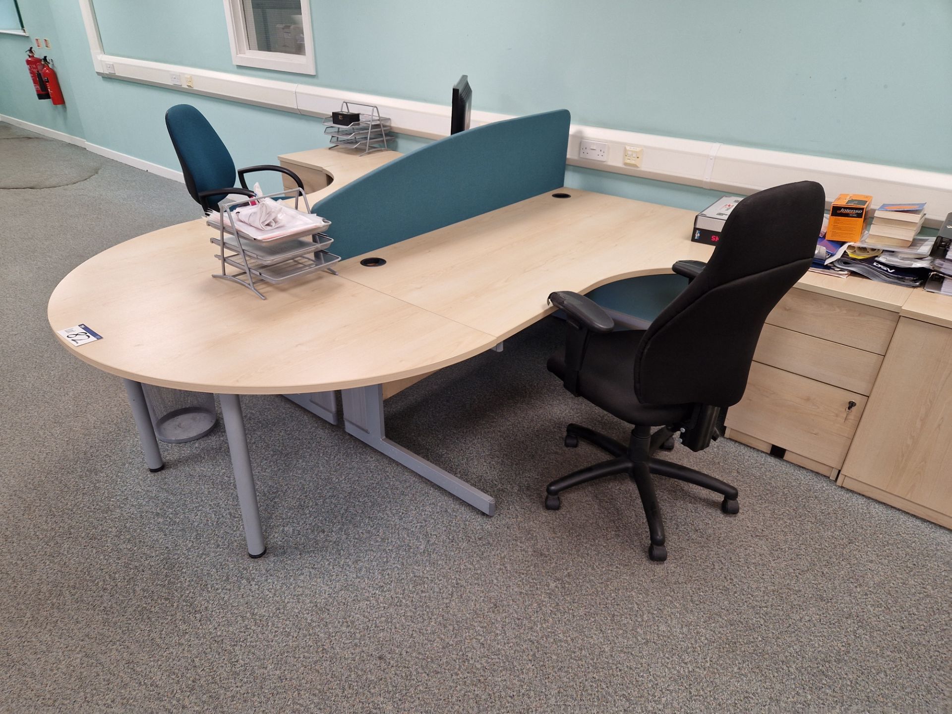 Two Light Oak Veneered Curved Desks, Curved End Table, Two 3 Drawer Pedestals, Fabric Divider and - Image 3 of 3