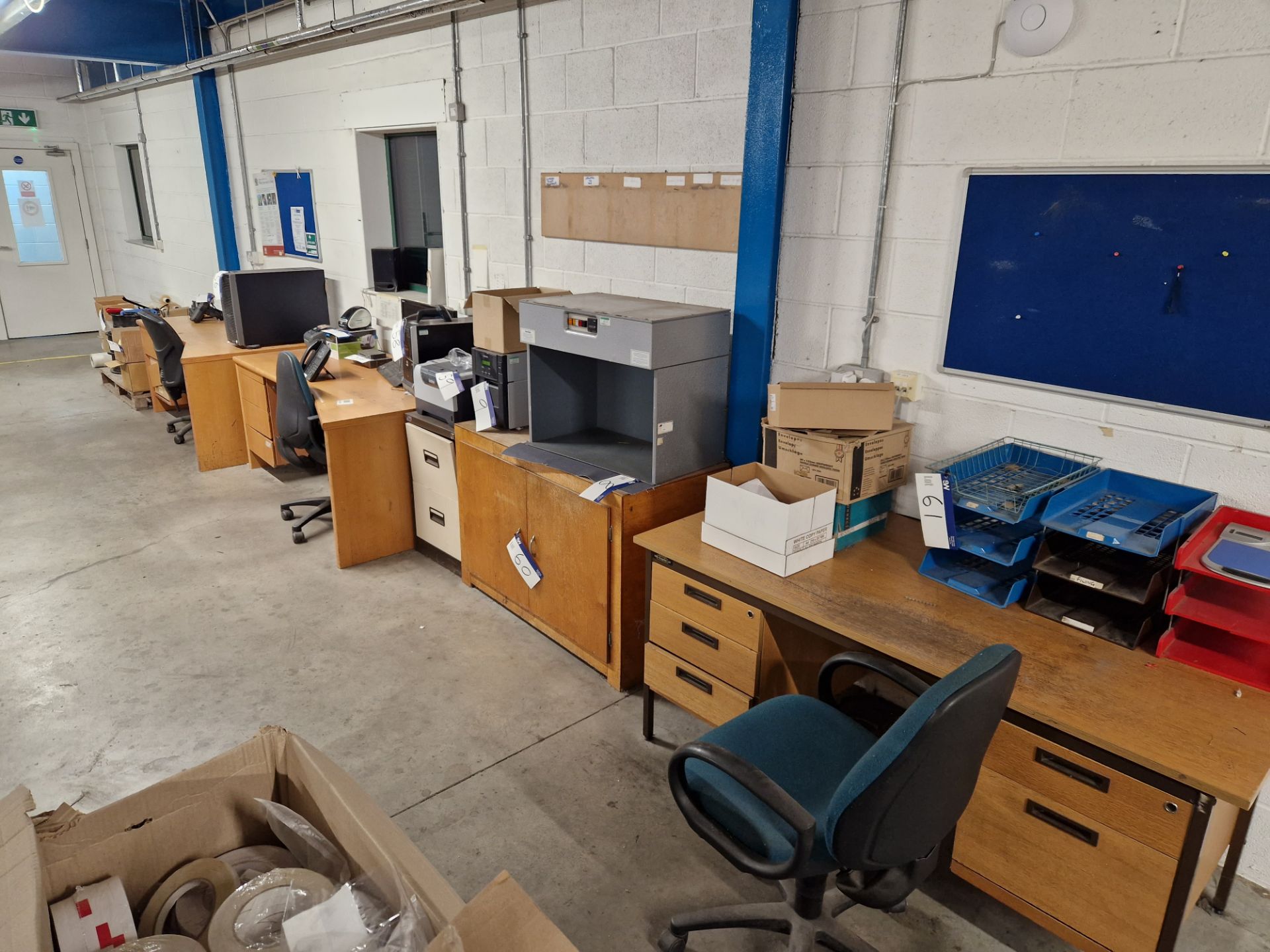 Three Various Wooden Desks, Double Door Wooden Cabinet, Two Drawer Filing Cabinet, Long Wooden