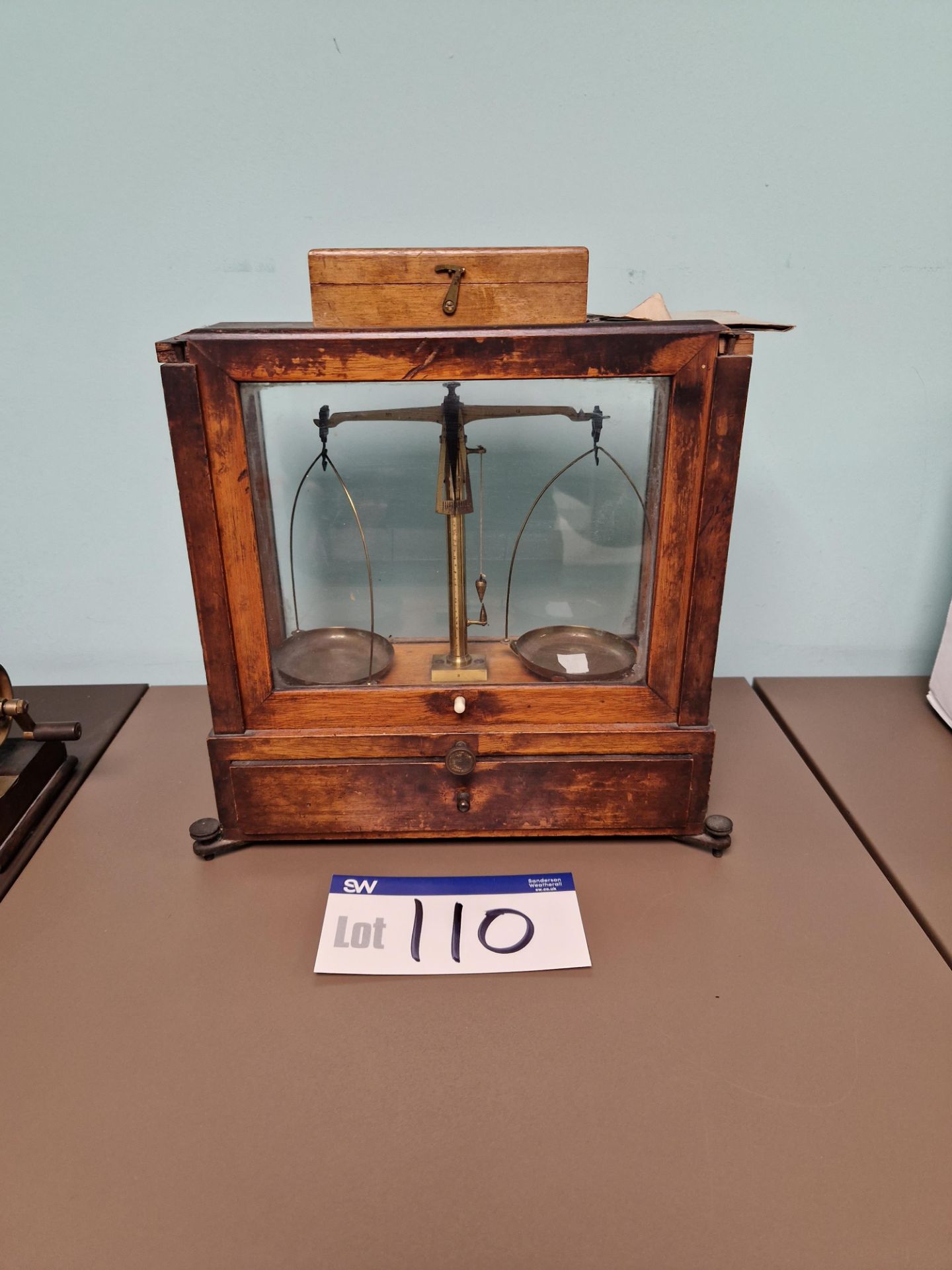 Set of Vintage Scales in Glazed Cabinet with Weights Please read the following important