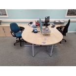 Two Light Oak Veneered Curved Desks, Curved End Table, Two 3 Drawer Pedestals, Fabric Divider and