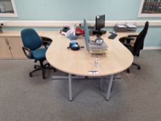 Two Light Oak Veneered Curved Desks, Curved End Table, Two 3 Drawer Pedestals, Fabric Divider and