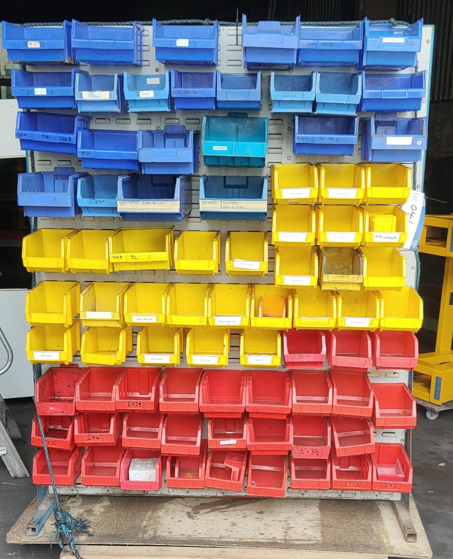 Slot Board, on stand, with over approx. 80 plastic boxes, approx. 195cm x 60xm x 150cm, loading free