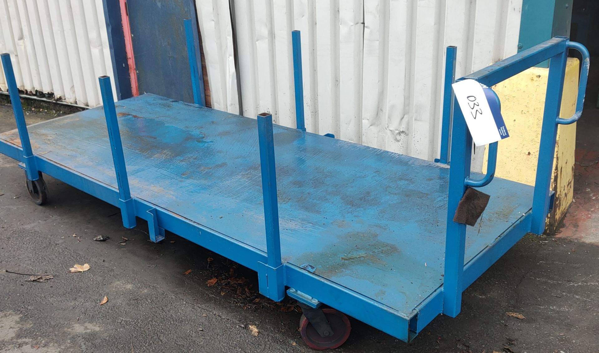 Heavy Duty Moveable Trolley, with handle and uprights, approx. 160cm x 125cm x 40cm, handle 110cm