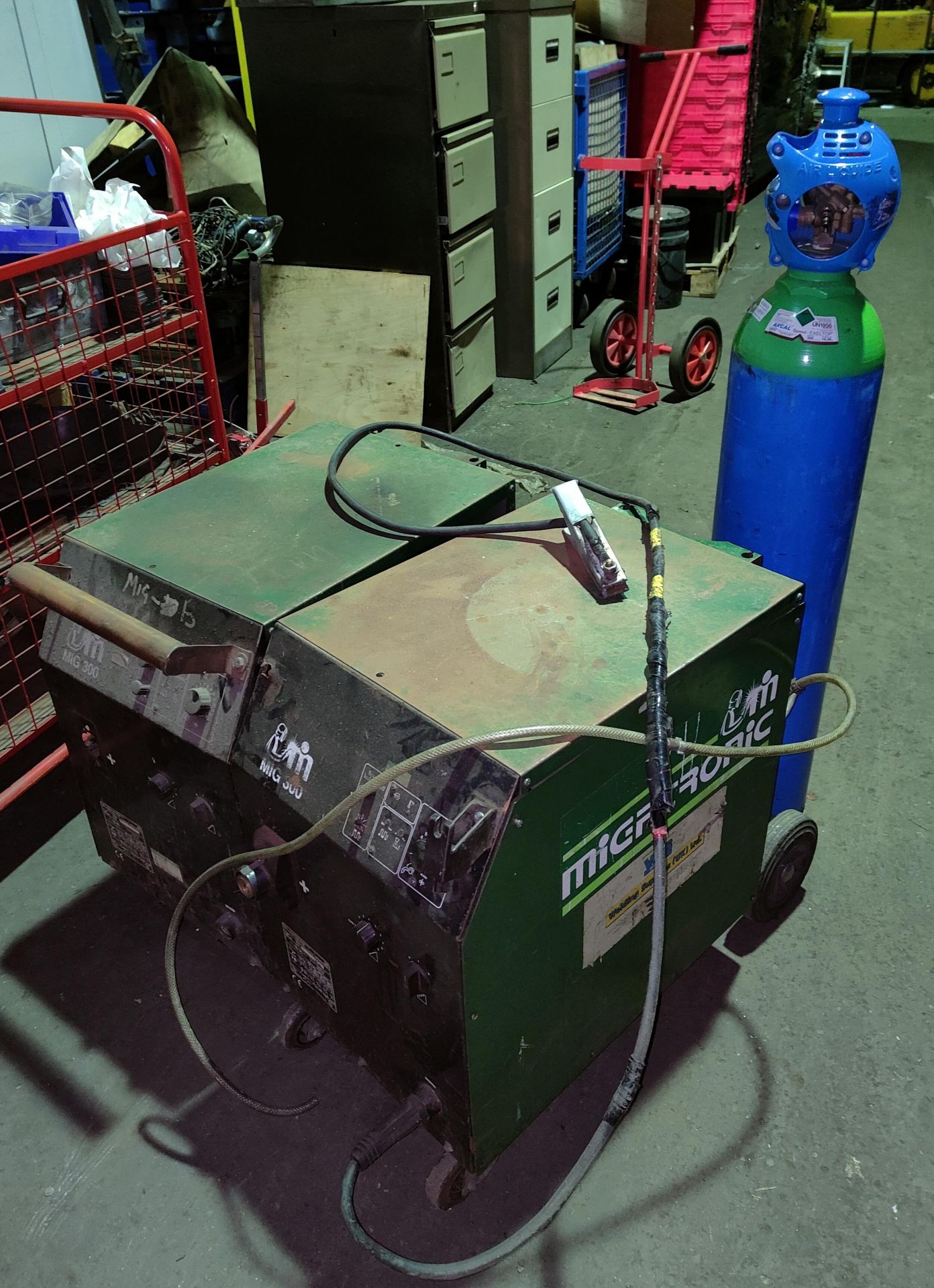 Two Migatronic Mig300 Mig Welders (gas bottle excluded), approx. 80cm x 70cm x 40cm, loading free of