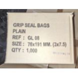 12 x 1000 Grip Seal Bags, 76mm x 191mm, serial no. GL08, approx. 76mm x 191mm, loading free of