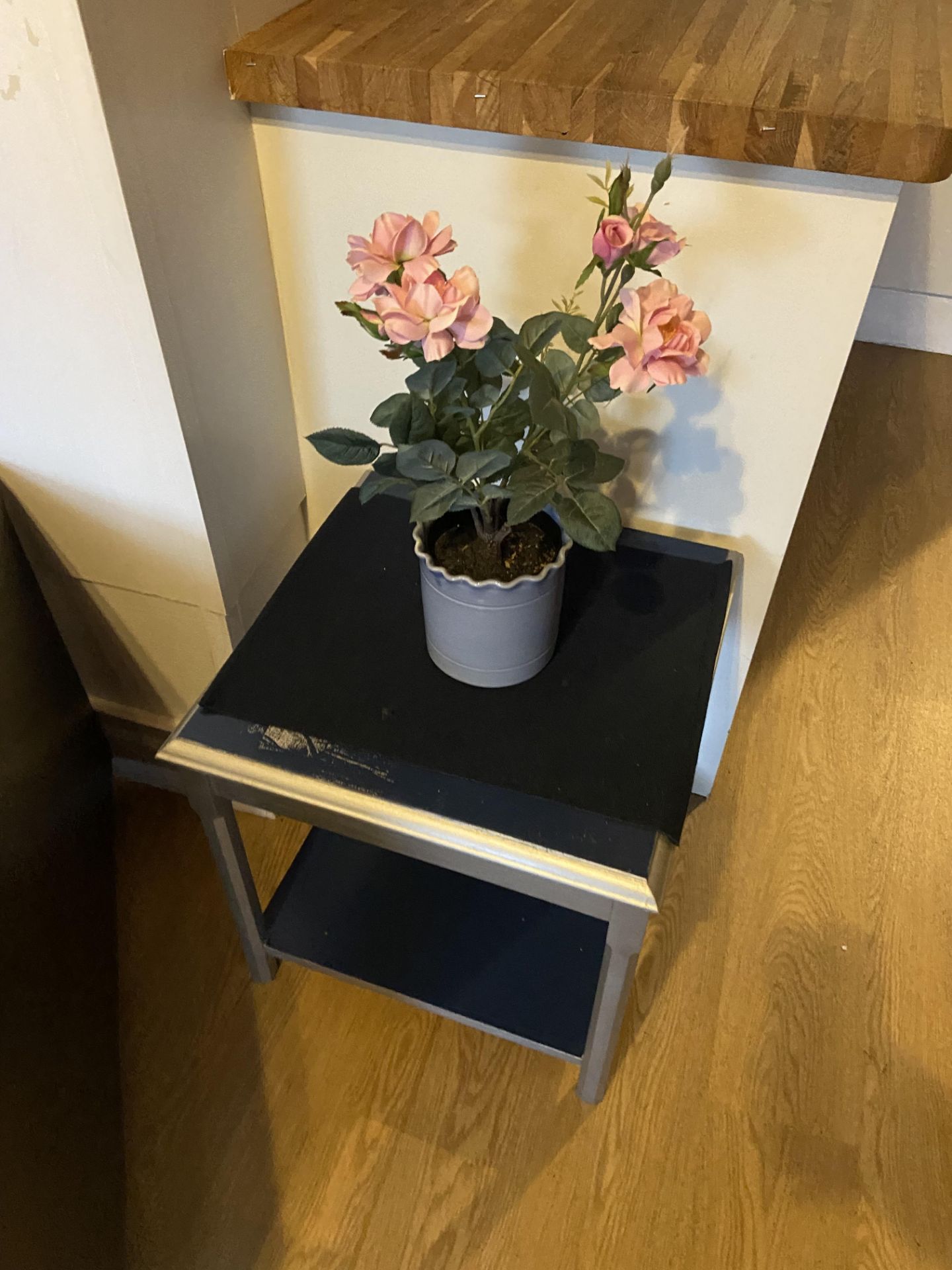 Two Seat Leather Effect Upholstered Settee, with two tables, synthetic potted plant and lamp - Image 3 of 3