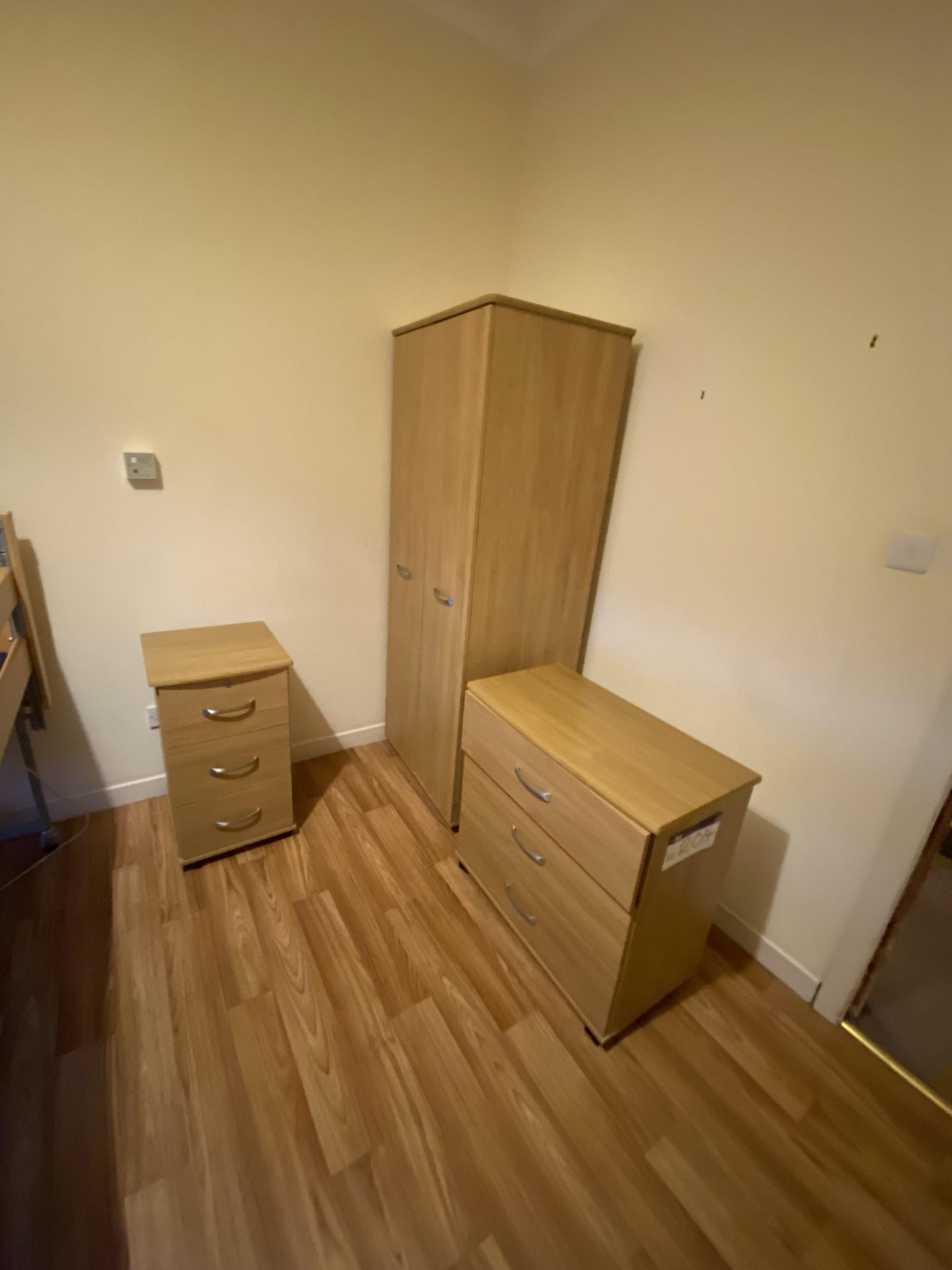 Remaining Bedroom Furniture, including oak laminated wardrobe, three drawer chest-of-drawers,