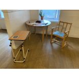 Two Circular Oak Laminated Tables, with armchair and mobile tray stand Please read the following
