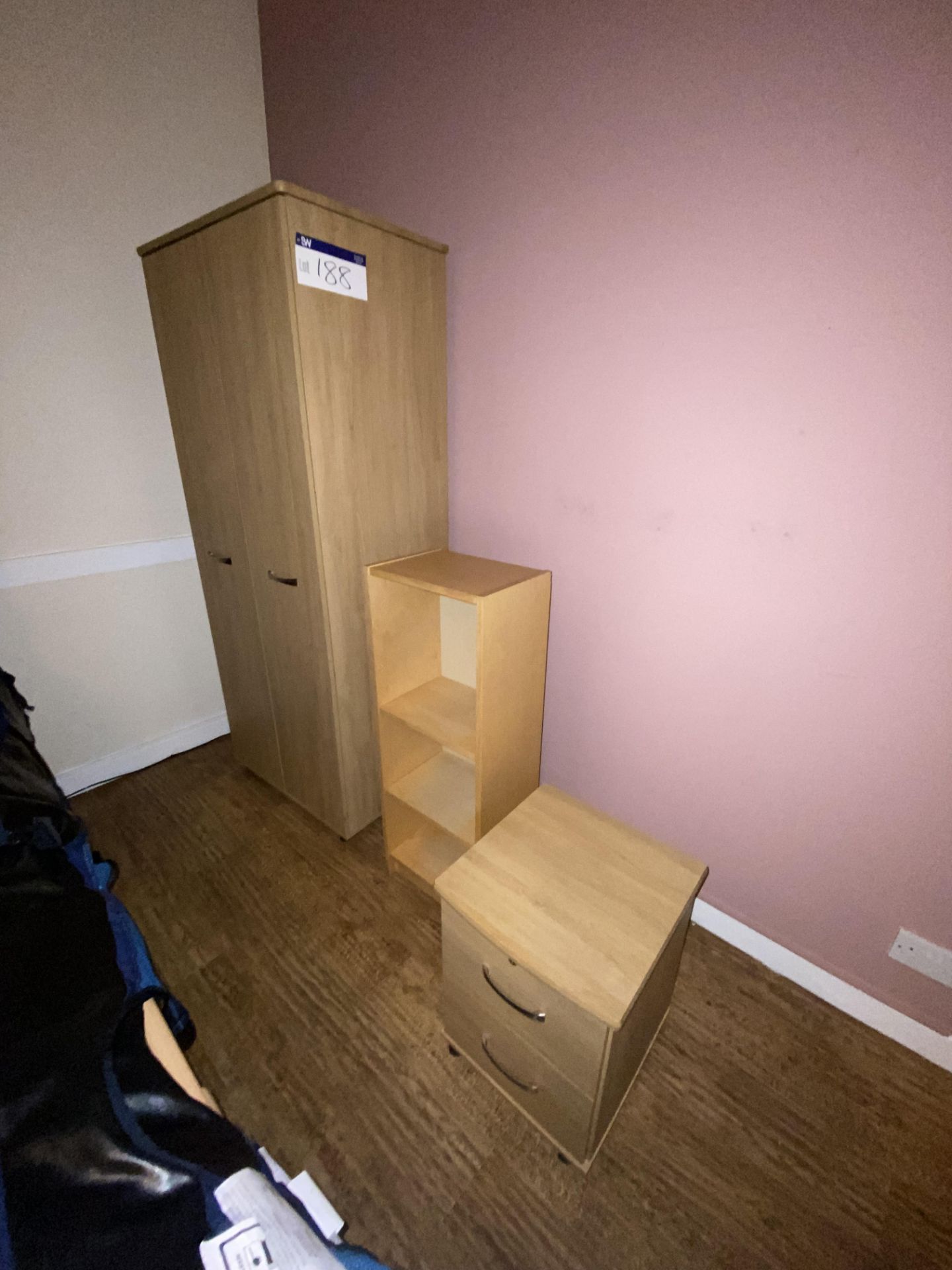 Remaining Bedroom Furniture, including oak laminated wardrobe, shelving unit, pedestal, three drawer