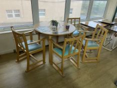 Oak Laminated Circular Tables, with four timber framed armchairs Please read the following important