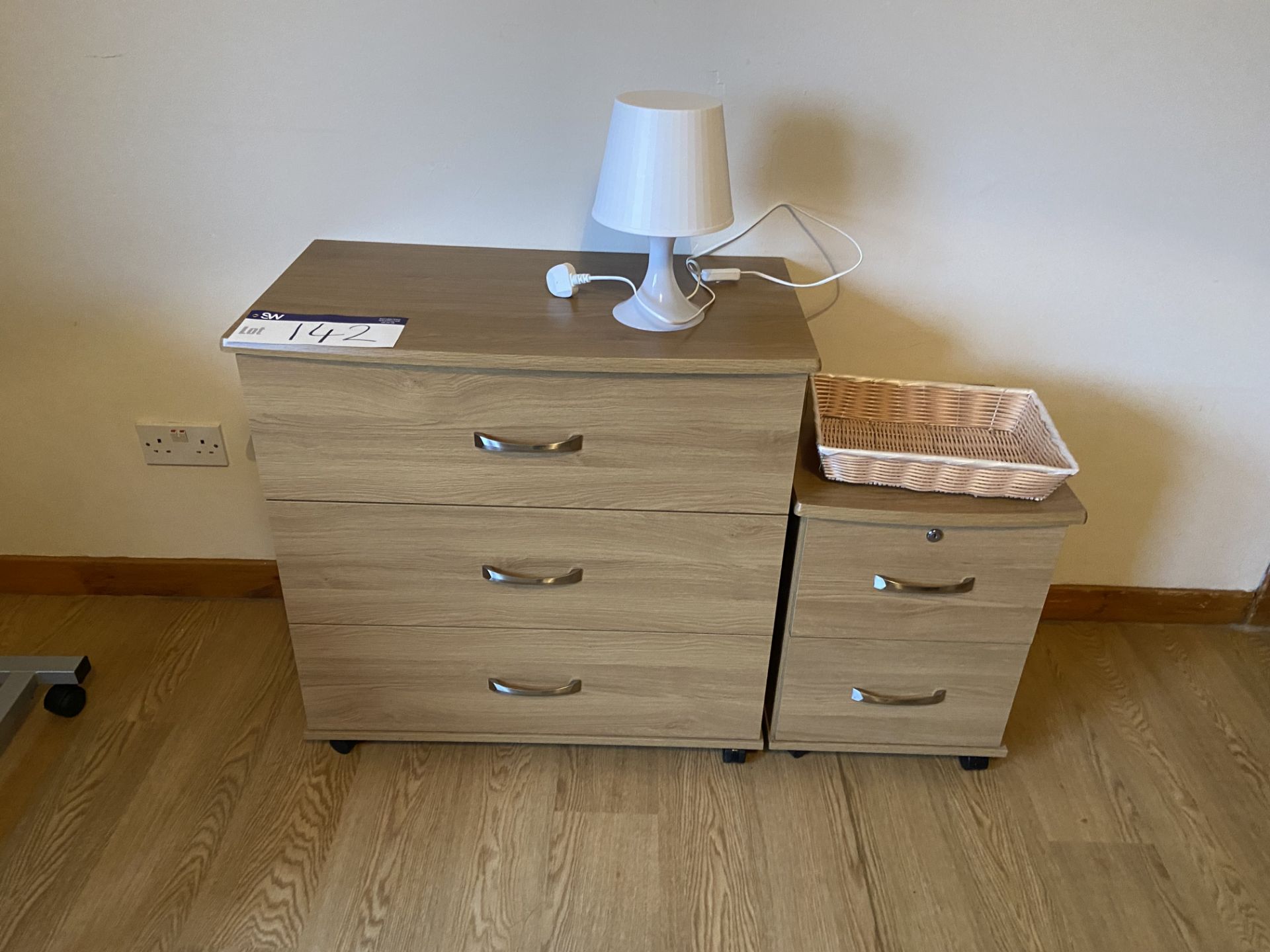 Remaining Bedroom Furniture, including oak laminated wardrobe, two x three drawer chest-of-