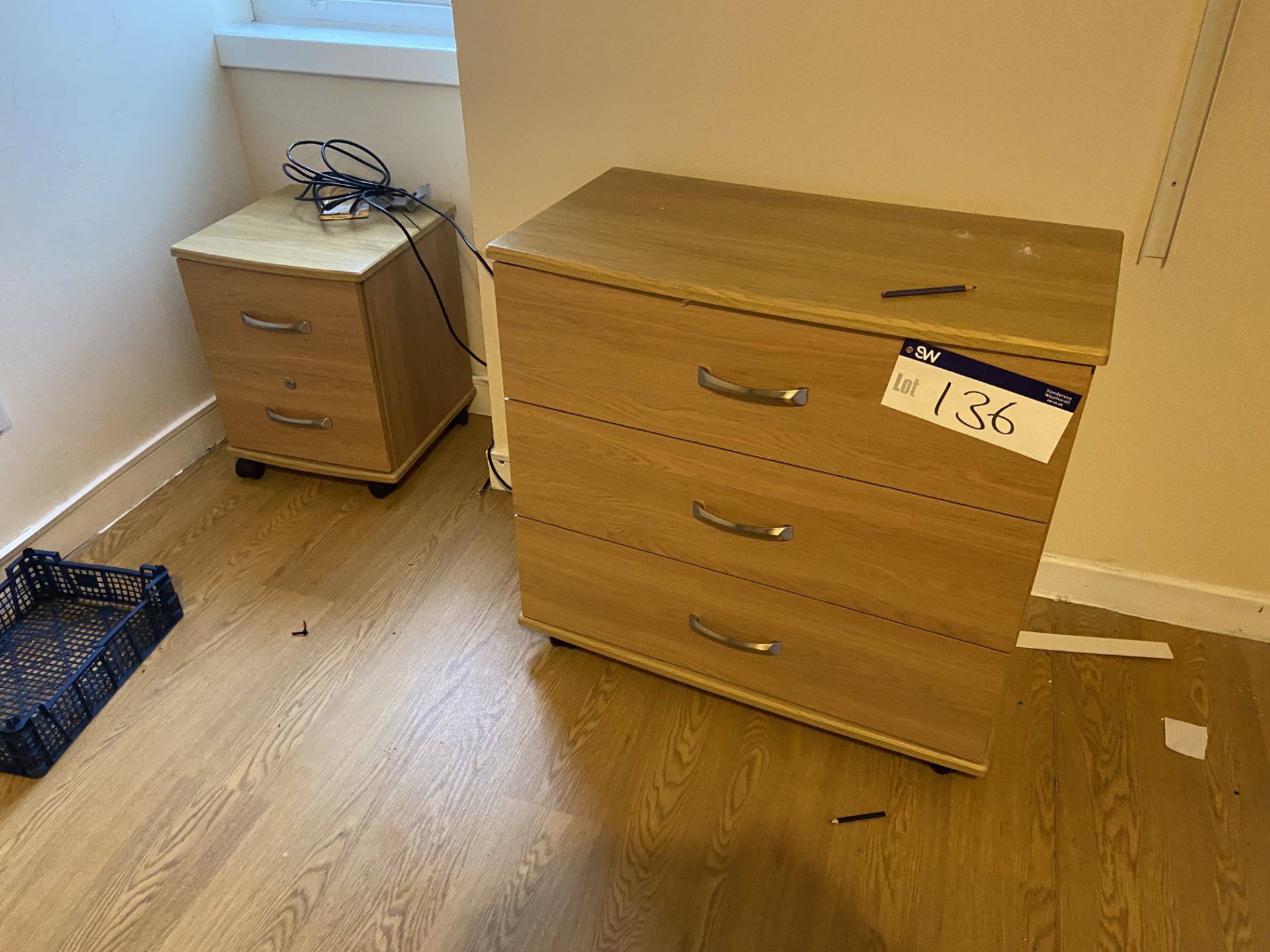 Remaining Bedroom Furniture, including oak laminated wardrobe, three drawer chest-of-drawers, two