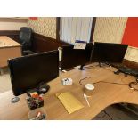 Three Flat Screen Monitors, with twin monitor desk mounting arm brackets Please read the following