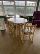 Two Oak Laminated Circular Tables, with five timber framed armchairs Please read the following