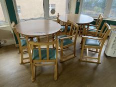 Two Oak Laminated Circular Tables, with six timber framed armchairs Please read the following