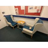 Two Leather Effect Upholstered Armchairs, with mobile tray stand Please read the following important