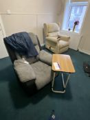 Remaining Furniture, including two fabric upholstered armchairs, two tray stands and table Please
