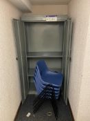Five Plastic Stacking Chairs, with double door cabinet Please read the following important