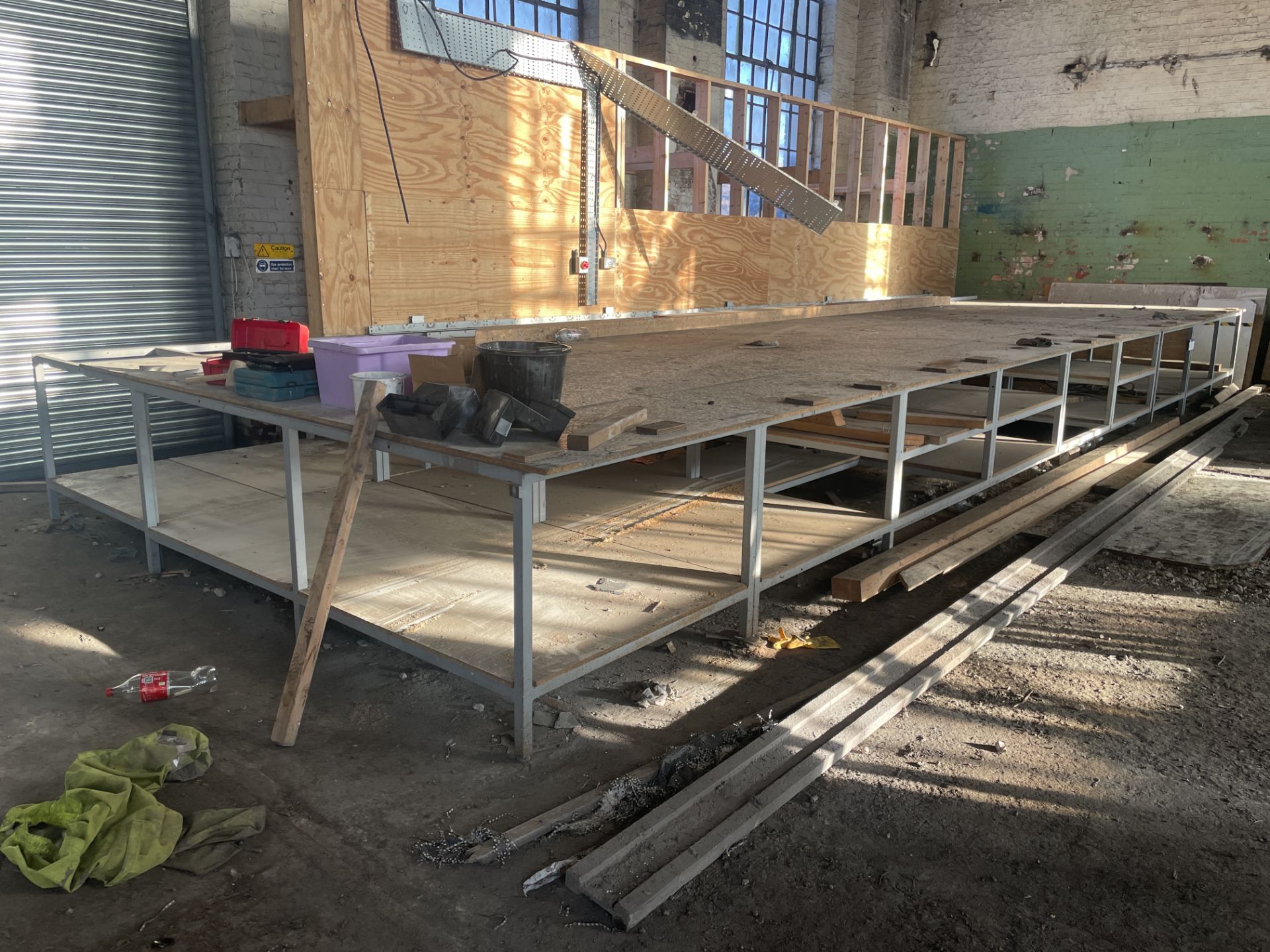 Steel Framed Timber Top Bench, approx. 11m x 3050mm, with roller conveyor framing to rear (