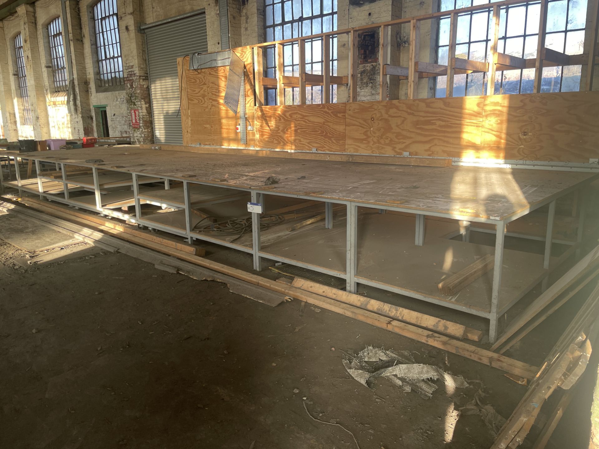 Steel Framed Timber Top Bench, approx. 11m x 3050mm, with roller conveyor framing to rear ( - Image 3 of 3