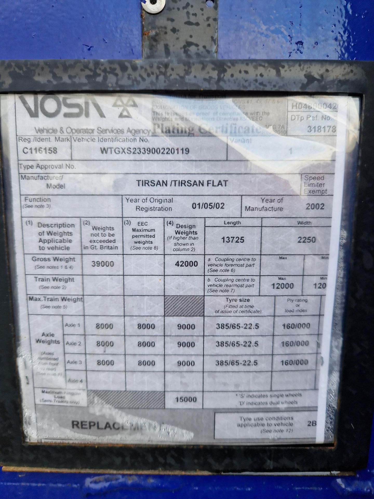 TIRSAN Tri Axle Flatbed Trailer, Chassis No. C116158, Year of Manufacture 2002, Tested until 11/ - Image 5 of 5